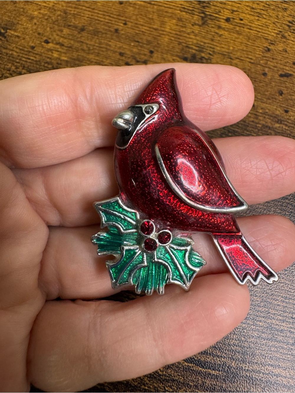 💚4/$20 Red Cardinal Holiday Pin Brooch with Green Holly